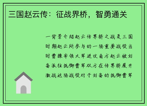 三国赵云传：征战界桥，智勇通关